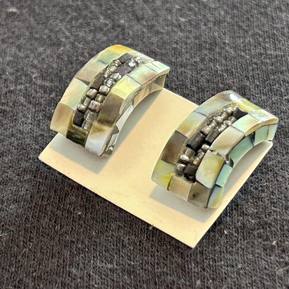 Semi-Circle Block Mother of Pearl | Abalone Inlay Pierced Earrings w Bead Accent - Picture 6 of 7